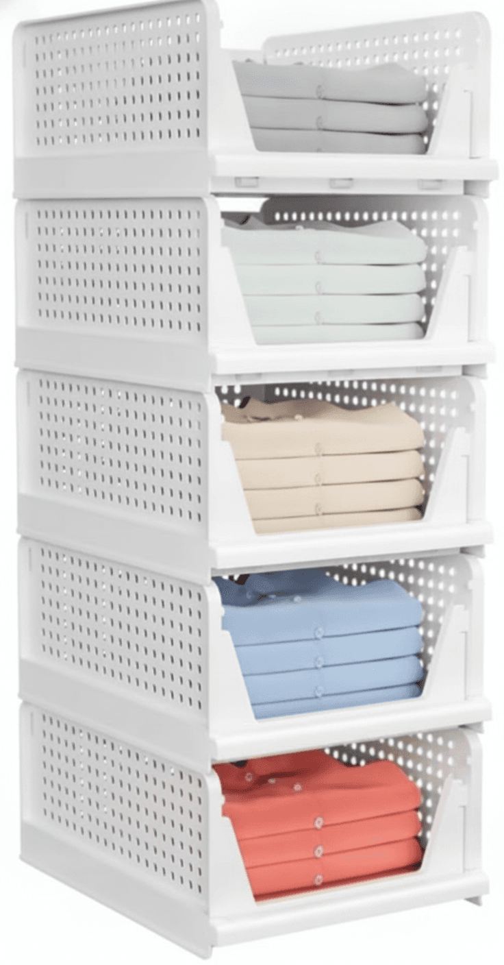 5 Pack Stackable Closet Storage Baskets with Slide Rail, White – image 1