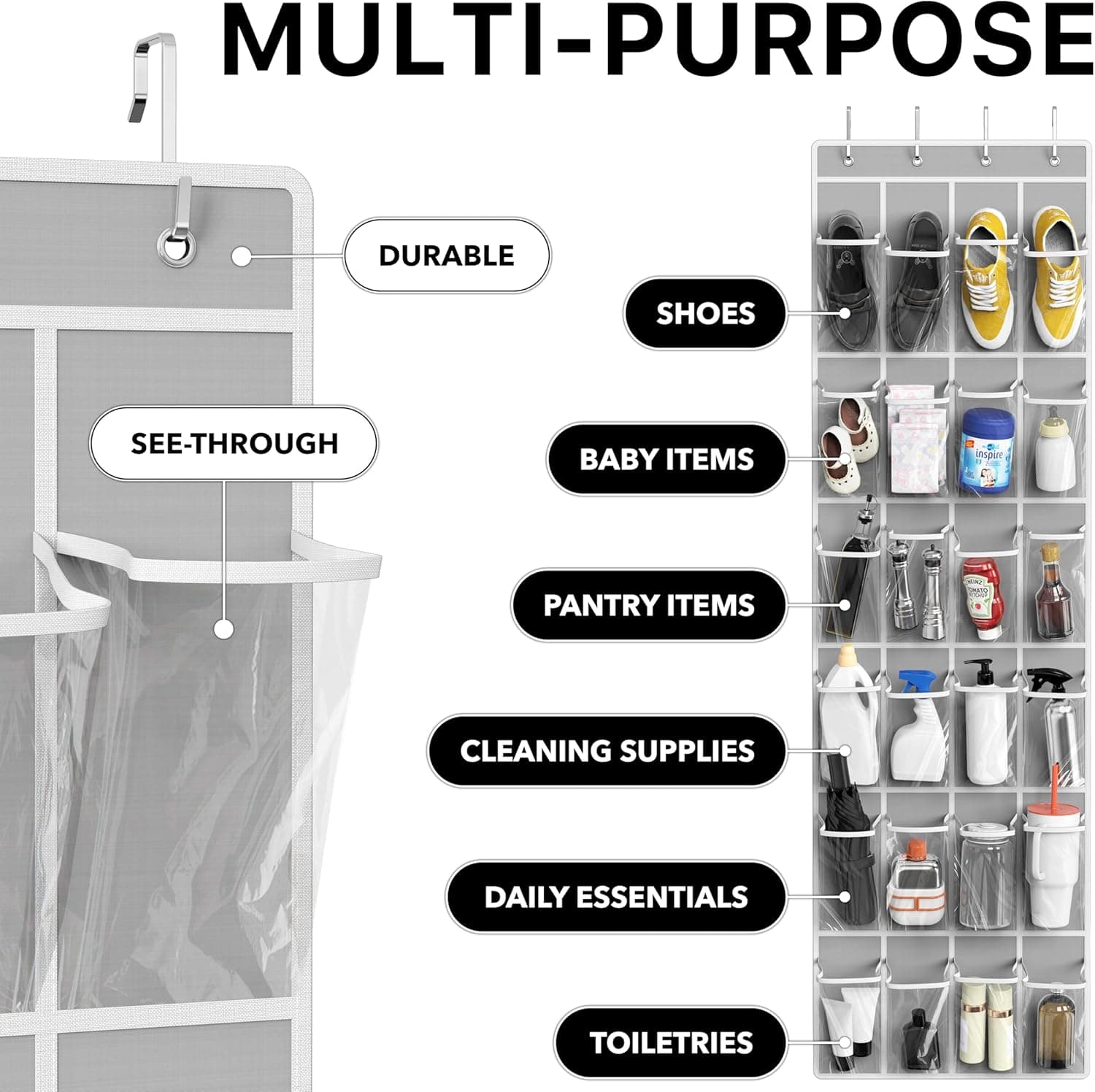 Simple Houseware 24 Pockets Over The Door Hanging Shoe Organizer, Gray (64'' x 19'') – image 4