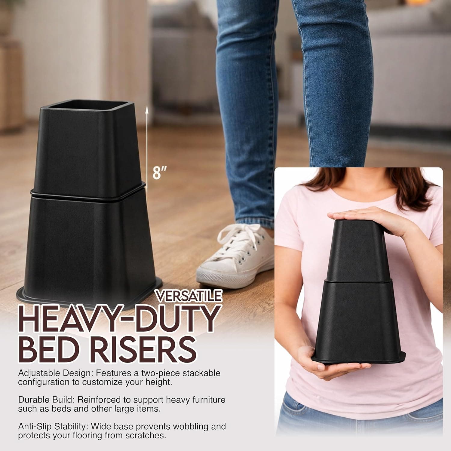 Utopia Bedding Adjustable Bed Risers, 3 & 5 Inches (4 Set, Black) – image 3