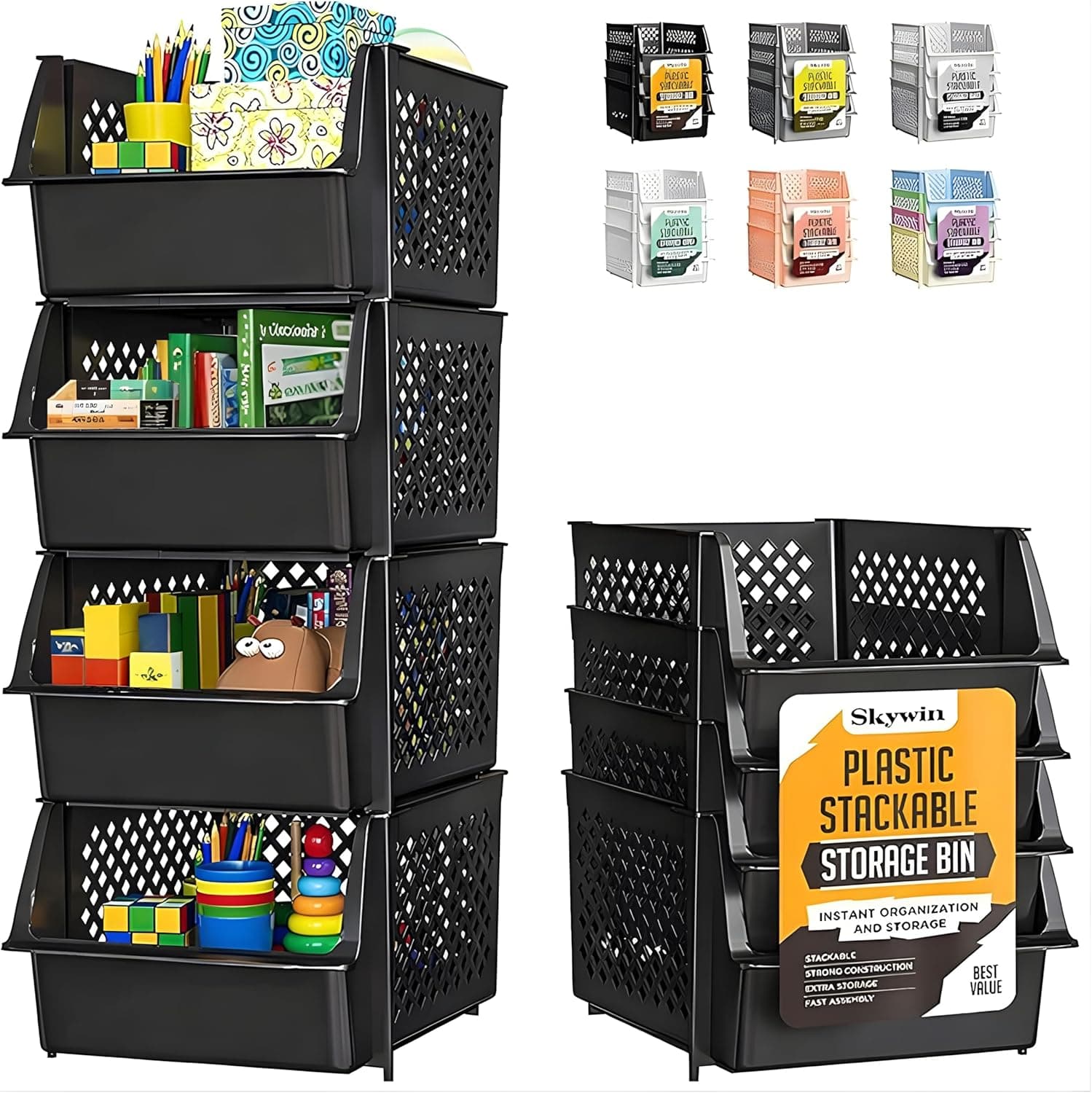 TidyFriend 4 Pack Stackable Open Front Pantry Storage Bins, Black – image 1