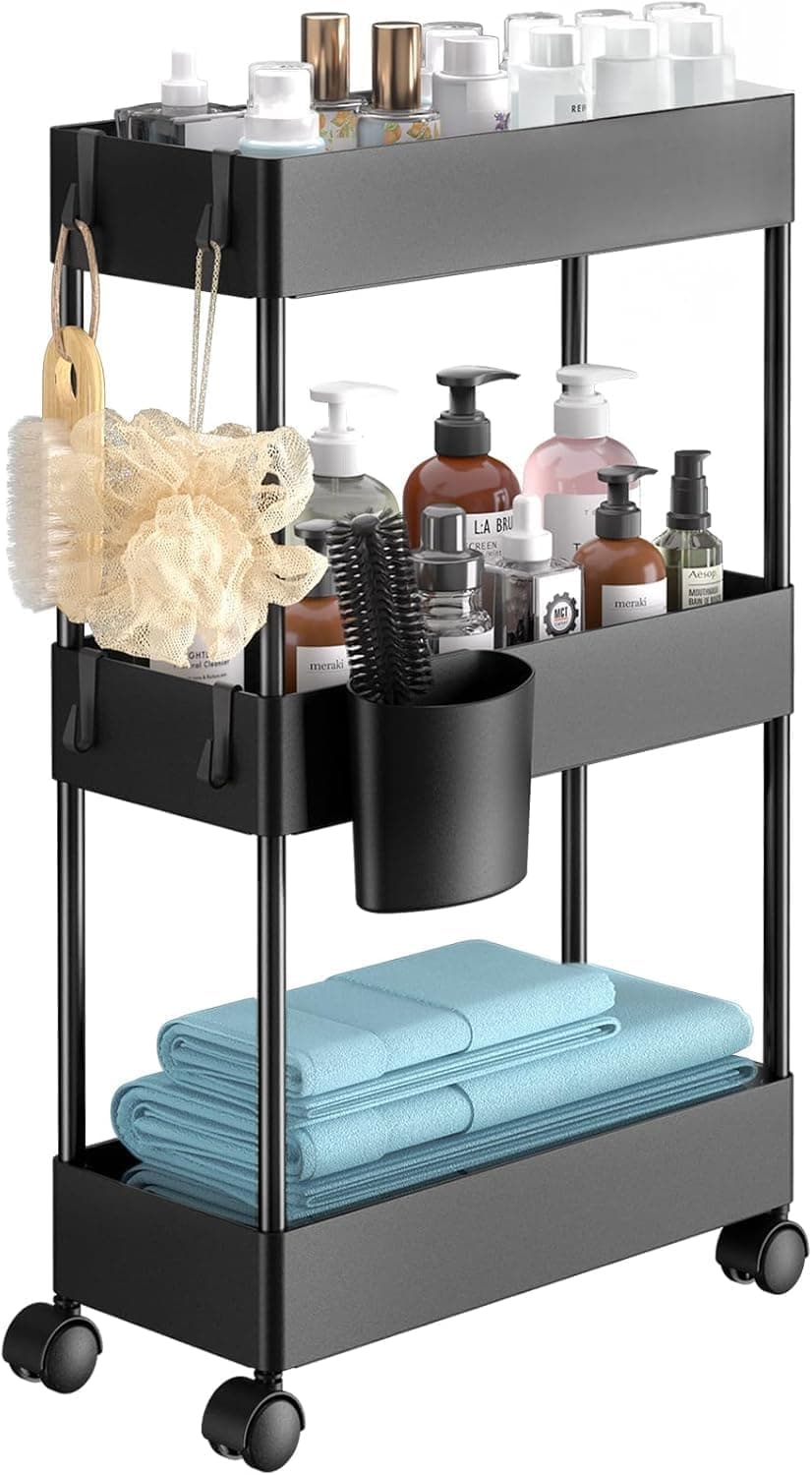 Pipishell 3 Tier Slim Bathroom Storage Cart with Wheels, Black – image 1