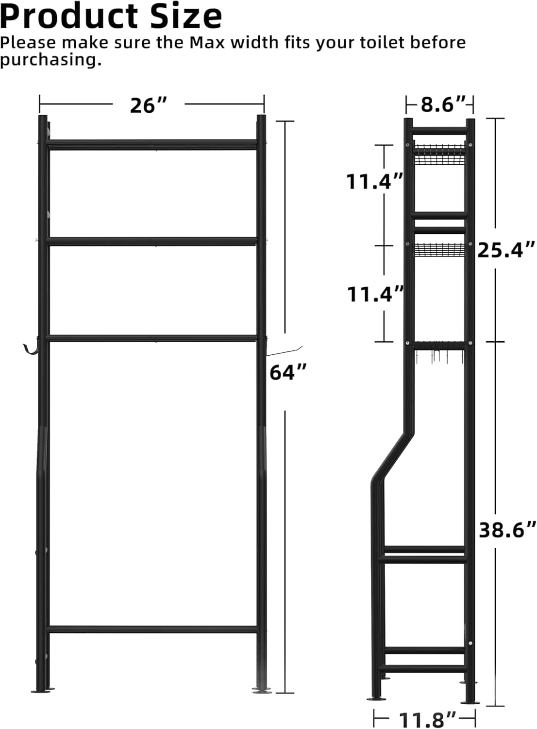Livilord 3-Tier Over The Toilet Storage Freestanding Metal Shelves with 4 Hooks – image 3