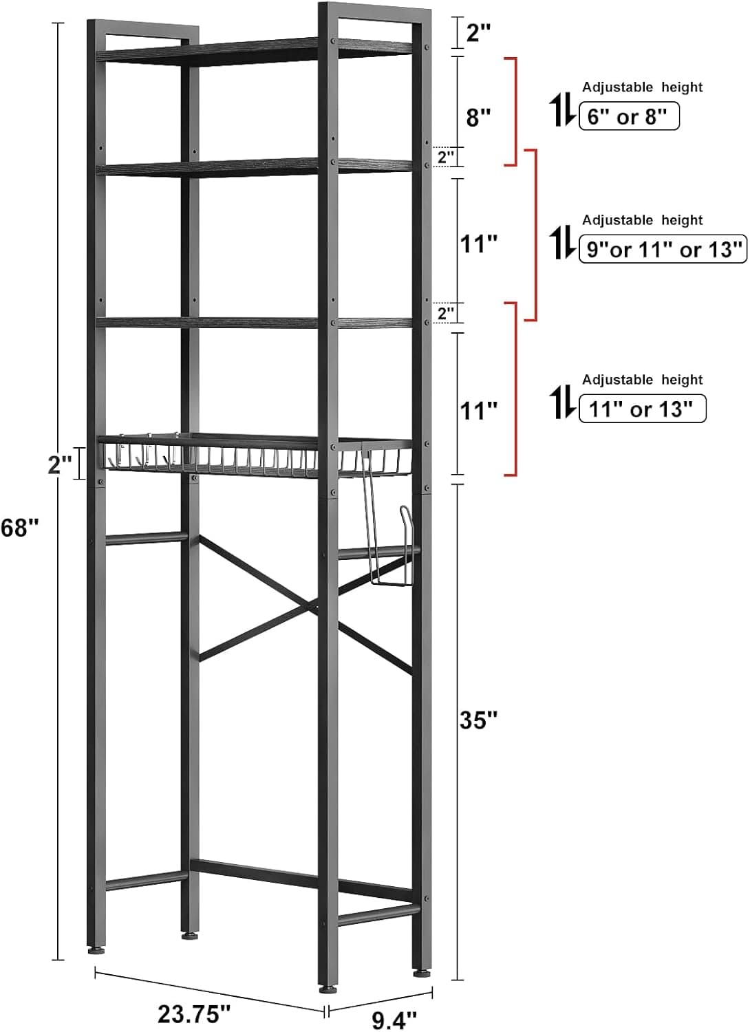 Kalrin Over-The-Toilet Storage Rack 4-Tier with Adjustable Shelf and Basket – image 6