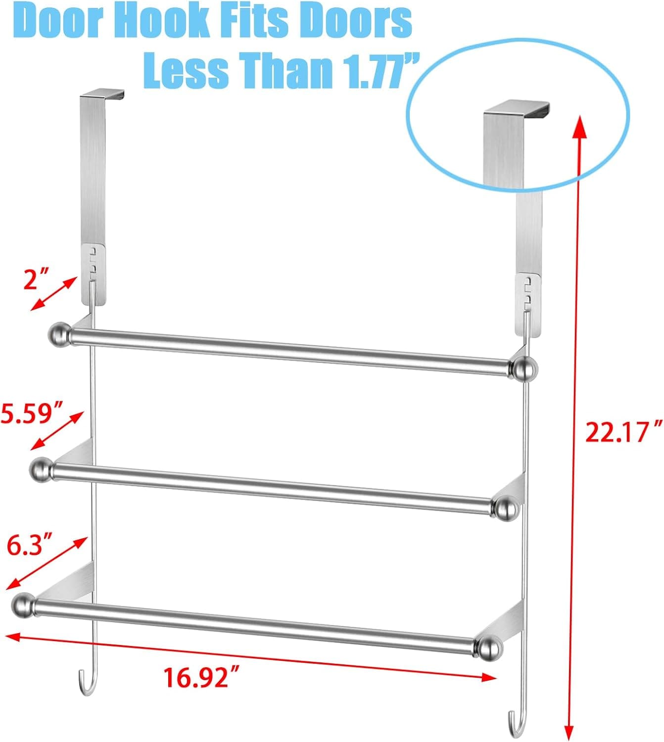 CHJgroup Over The Door Towel Rack, 304 Stainless Steel, 3 Tier with 2 Hooks – image 2