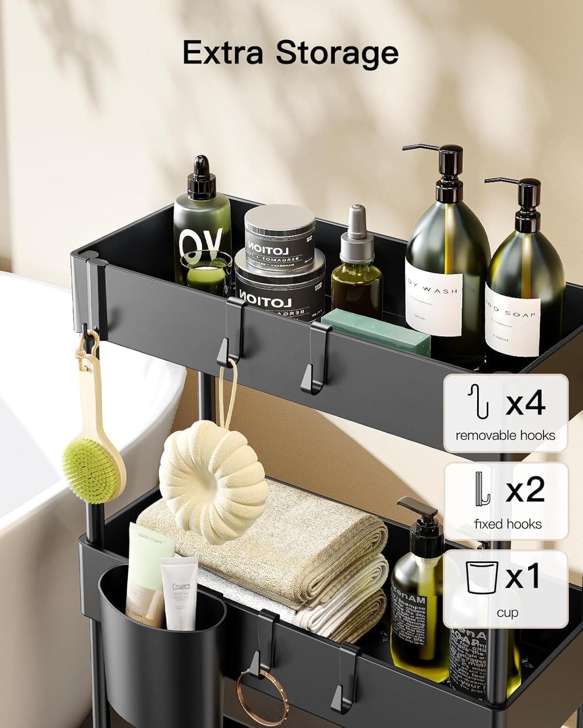 Pipishell 3 Tier Slim Bathroom Storage Cart with Wheels, Black – image 3
