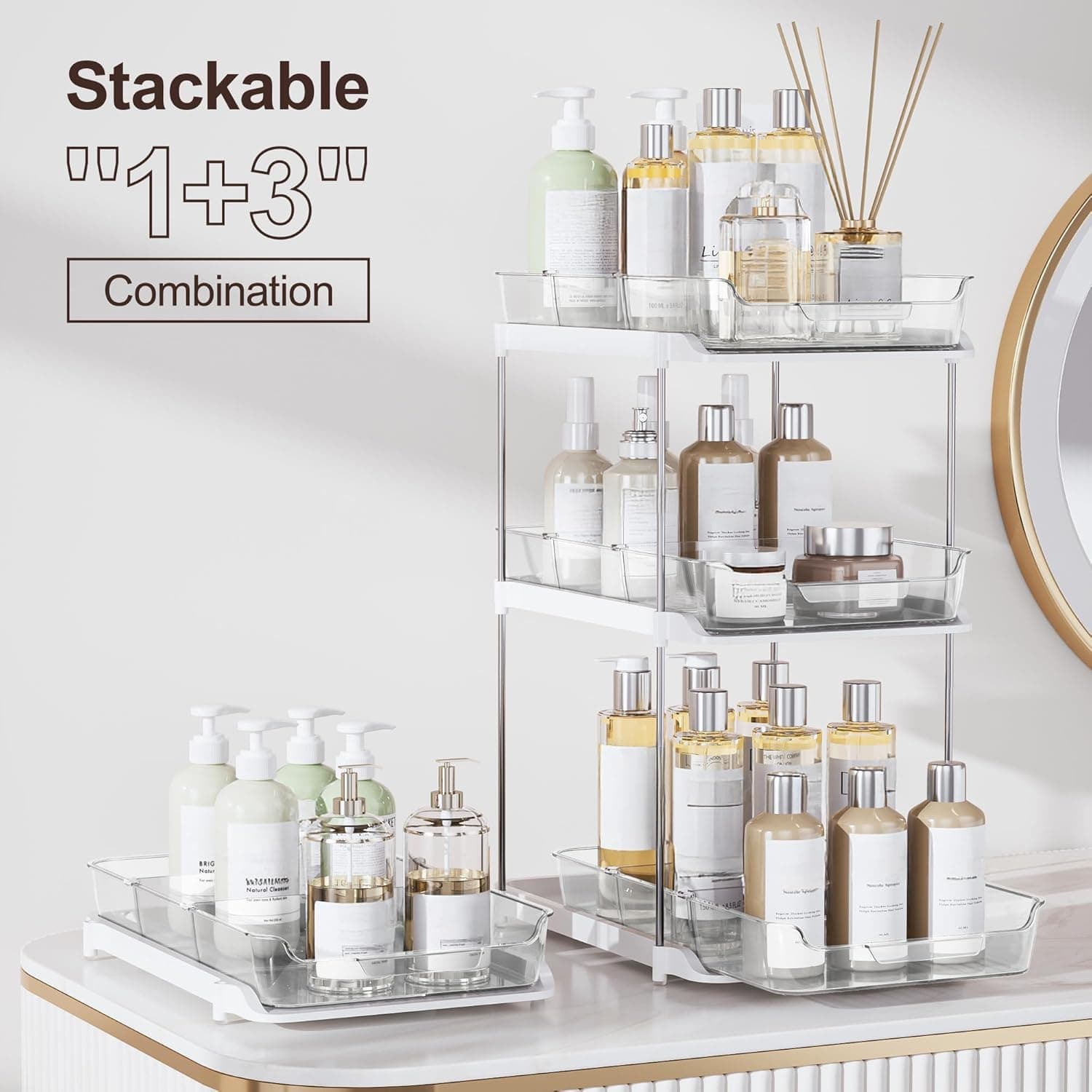 Delamu 2-Tier Bathroom Under Sink Organizer with Pull-Out Drawers and Movable Dividers, 2-Pack – image 3