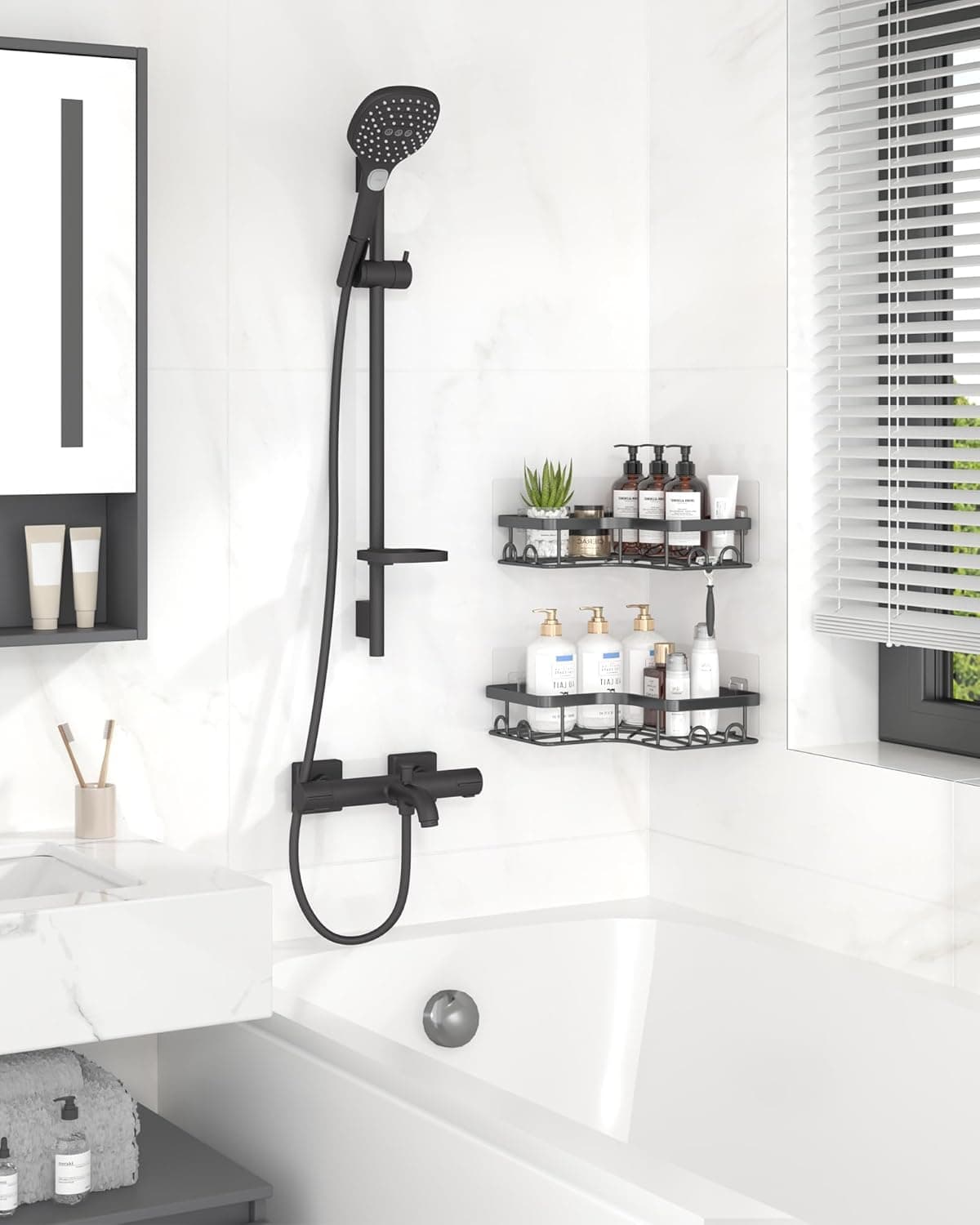Sakugi Corner Shower Caddy 2-Pack Adhesive Stainless Steel with 8 Hooks – image 3