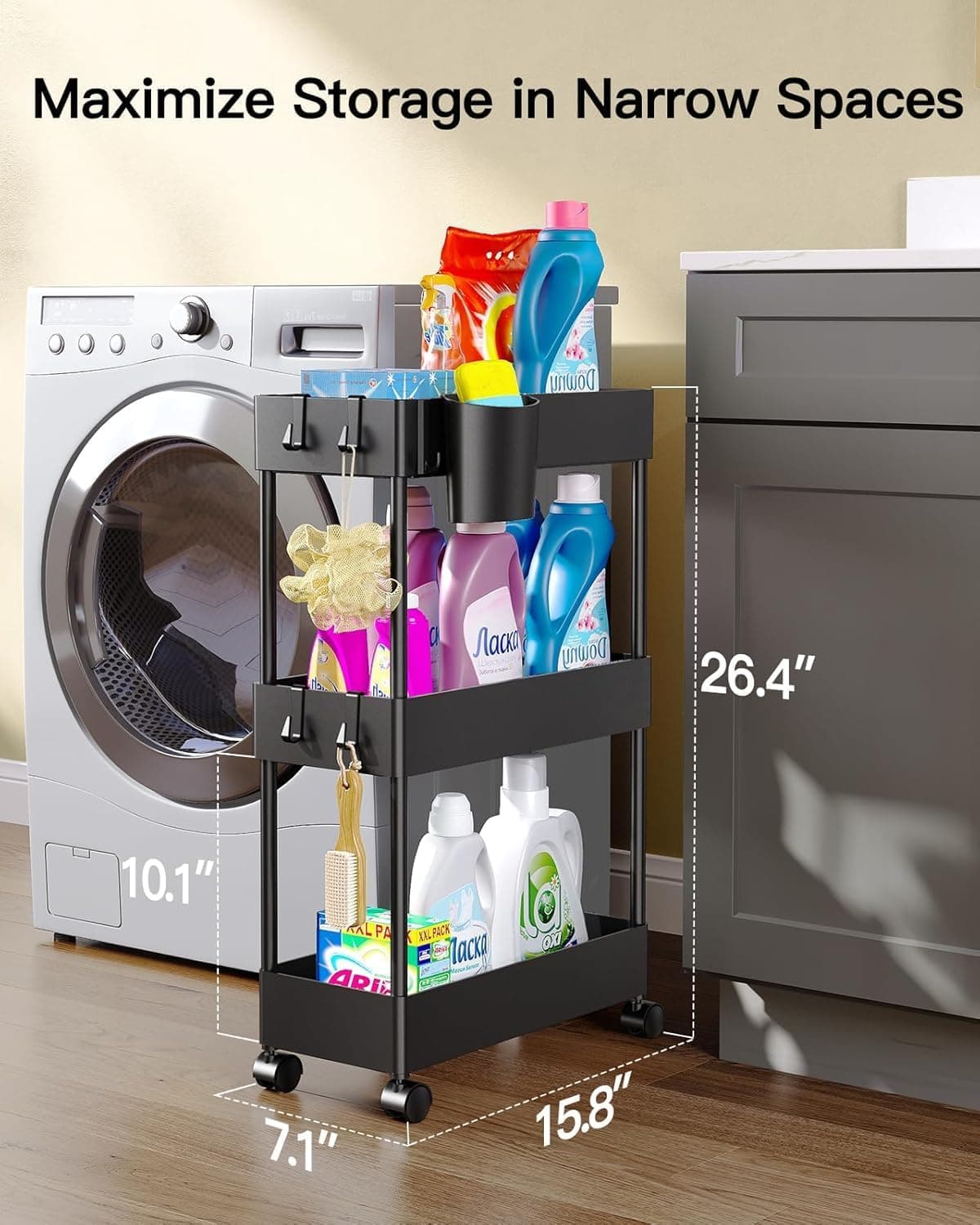 Pipishell 3 Tier Slim Bathroom Storage Cart with Wheels, Black – image 2