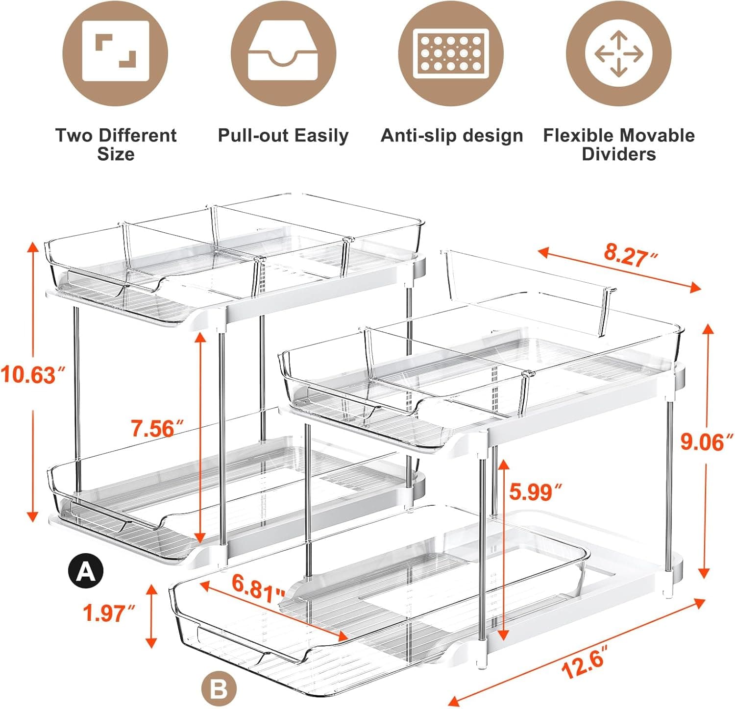 Delamu 2-Tier Bathroom Under Sink Organizer with Pull-Out Drawers and Movable Dividers, 2-Pack – image 2