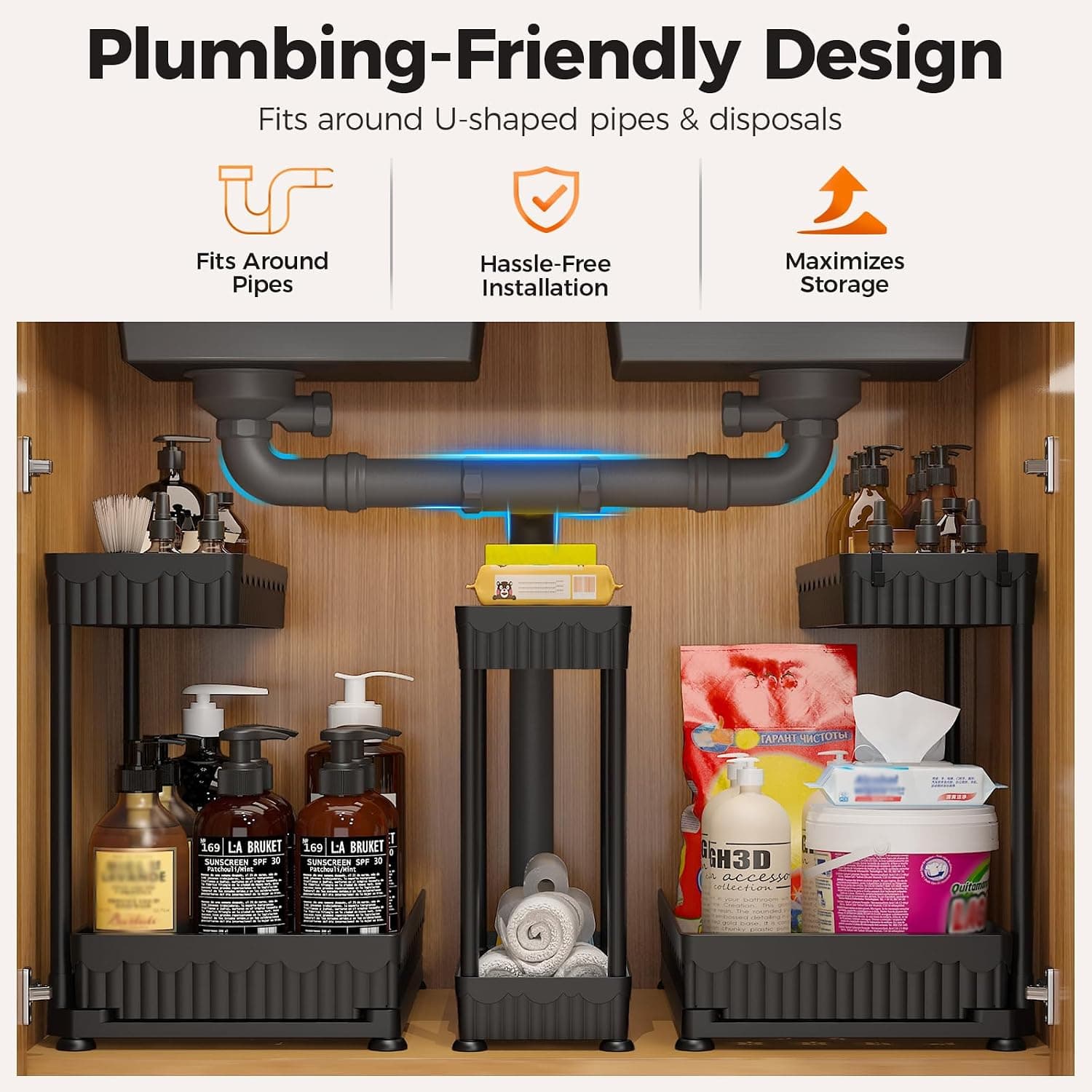 Sevenblue 3-Pack 2-Tier L-Shaped Under Sink Organizers with Sliding Drawers – image 3