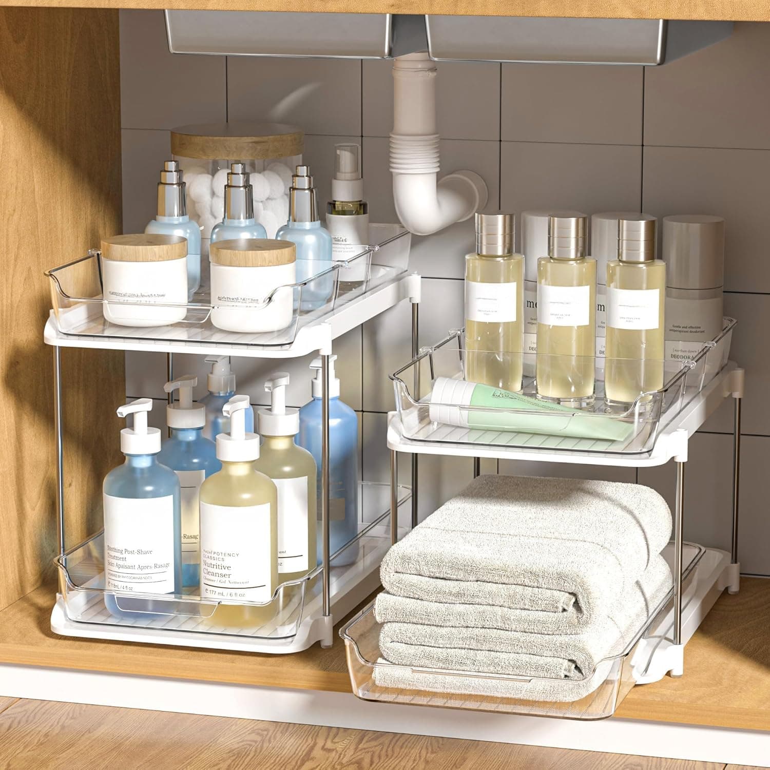 Delamu 2-Tier Bathroom Under Sink Organizer with Pull-Out Drawers and Movable Dividers, 2-Pack – image 1