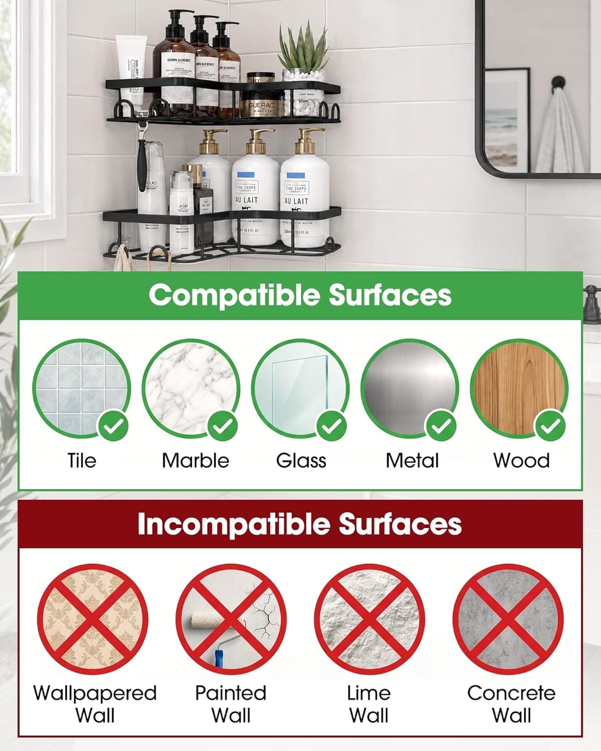 Sakugi Corner Shower Caddy 2-Pack Adhesive Stainless Steel with 8 Hooks – image 5