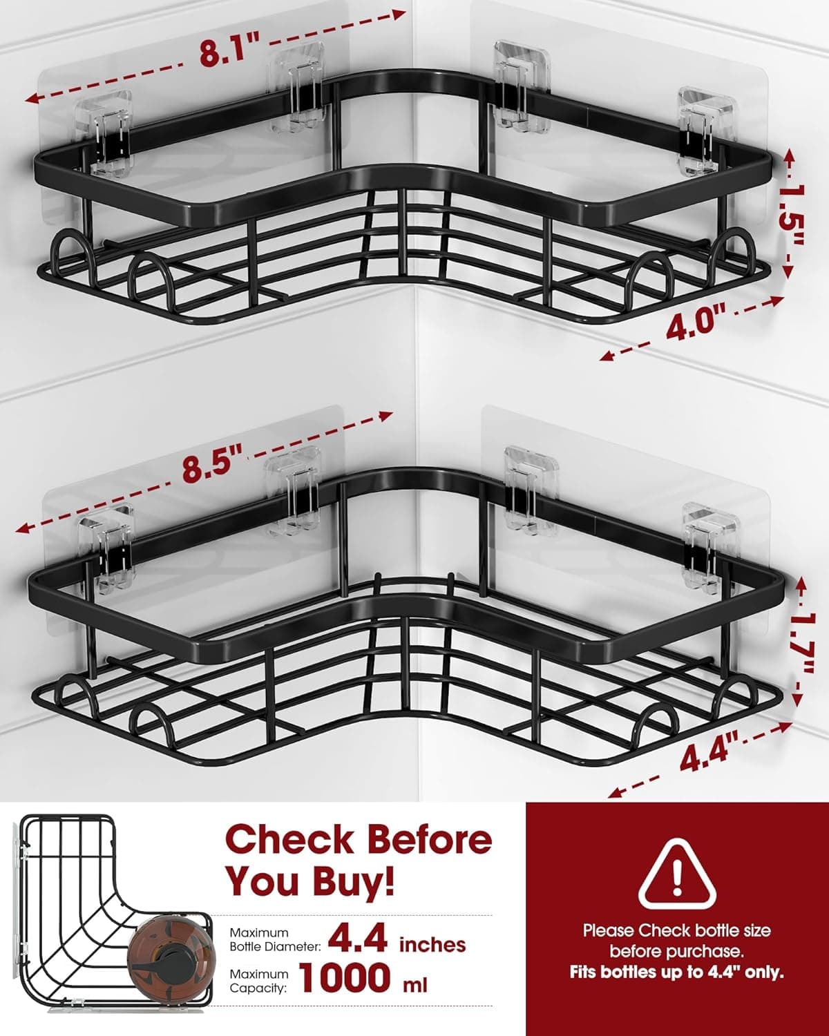 Sakugi Corner Shower Caddy 2-Pack Adhesive Stainless Steel with 8 Hooks – image 4