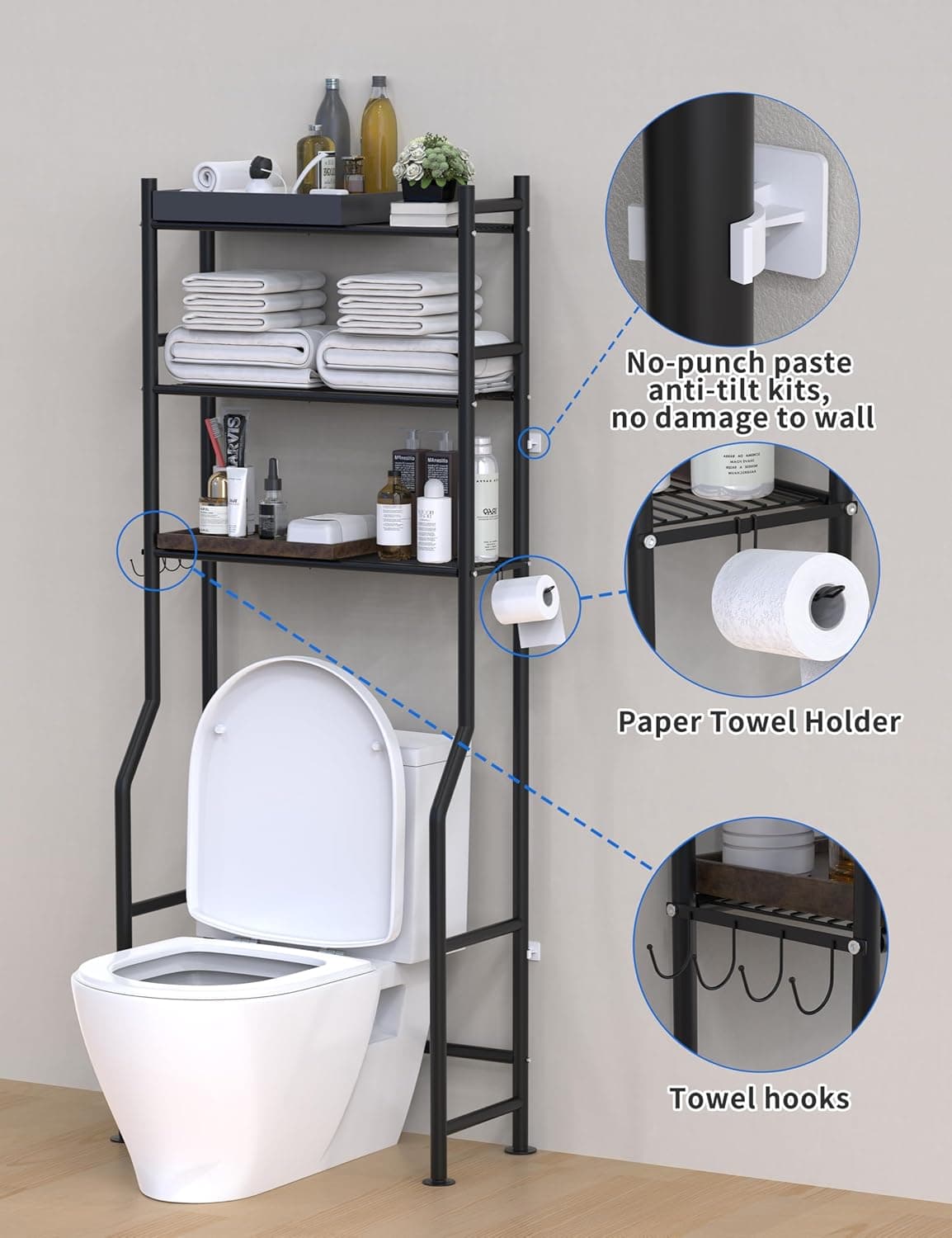 Livilord 3-Tier Over The Toilet Storage Freestanding Metal Shelves with 4 Hooks – image 5